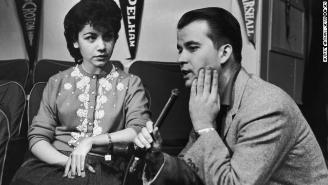 '"American Bandstand" host Dick Clark interviews Funicello in the mid-1950s. With a background in dance, she quickly became one of the most popular Mouseketeers.<!-- -->
</br>